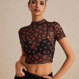 Frenchy Top floral ribete en forma de lechuga de malla transparente sin Brasier