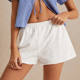 Frenchy Shorts de verano informales blancos para mujer, comodos, lindos, para estar en casa con cintura elastica y bordado de aberturas solido