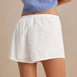 Frenchy Shorts de verano informales blancos para mujer, comodos, lindos, para estar en casa con cintura elastica y bordado de aberturas solido