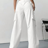 EZwear Pantalones anchos de pierna ancha, sencillos, de trabajo en 3D, con bolsillos y unicolor para mujer
