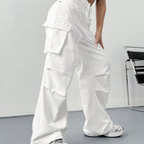 EZwear Pantalones anchos de pierna ancha, sencillos, de trabajo en 3D, con bolsillos y unicolor para mujer