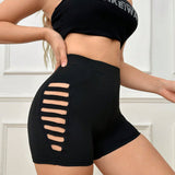 BAE Pantalones cortos de cintura alta para mujer de un solo color con construccion de Body ajustado que tiene laterales huecos