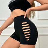 BAE Pantalones cortos de cintura alta para mujer de un solo color con construccion de Body ajustado que tiene laterales huecos