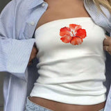 EZwear Top de patron de flores rojas de mujer con ajuste casual y entallado, adecuado para el verano