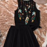 LUNE Chaleco con estampado de plumas y shorts de unicolor, conjunto de dos piezas para mujeres, ajuste delgado de verano