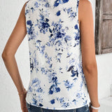 Blusa sin mangas con dobladillo de volantes y estampado floral para mujer con corte decorativo en el borde