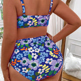 Swim Curve Conjunto de traje de bano con estampado de vacaciones de verano elegante para mujeres de talla grande