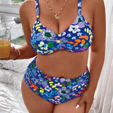 Swim Curve Conjunto de traje de bano con estampado de vacaciones de verano elegante para mujeres de talla grande