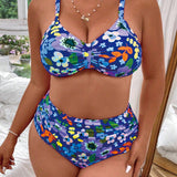 Swim Curve Conjunto de traje de bano con estampado de vacaciones de verano elegante para mujeres de talla grande