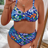 Swim Curve Conjunto de traje de bano con estampado de vacaciones de verano elegante para mujeres de talla grande