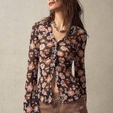 BohoFeels Blusa de malla transparente con estampado floral para mujer ideal para vacaciones y uso casual