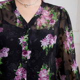 ely Camisa elegante de primavera/verano con estampado floral de malla y mangas acampanadas para mujeres de a grande