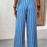 VCAY Pantalones casuales de pierna ancha con cintura estilo bolsa de papel y estampado de rayas