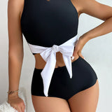 Conjunto de tankini para vacaciones de verano para mujeres con nudo de color contrastante en el cuello redondo, chaleco y pantalones triangulares de unicolor