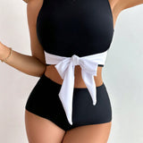 Conjunto de tankini para vacaciones de verano para mujeres con nudo de color contrastante en el cuello redondo, chaleco y pantalones triangulares de unicolor