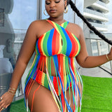 Slayr Traje de bano tankini halter de talla grande para mujer con franjas arcoiris de remiendo y flecos en el dobladillo