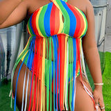 Slayr Traje de bano tankini halter de talla grande para mujer con franjas arcoiris de remiendo y flecos en el dobladillo