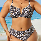 VCAY Conjunto de traje de bano Plus Size con estampado de leopardo para la playa en verano