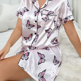 Vestido de dormir para mujer con estampado con apariencia de seda y ribete de contraste