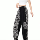 Coolane Pantalones jogger de moda para mujer con estampado de cebra y parches, y bolsillos