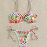 VCAY Conjunto sexy de bikini con estampado floral y pliegues para mujeres de verano en la playa