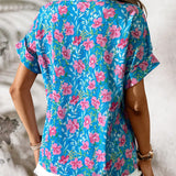 Camiseta de moda casual de verano con estampado floral azul y cuello en V