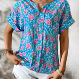 Camiseta de moda casual de verano con estampado floral azul y cuello en V