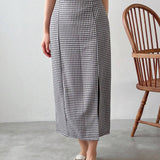 FRIFUL Falda recta impresa en cuadros elegantes para mujer con hendidura lateral