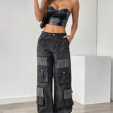 EZwear Pantalones de trabajo rectos con decoracion de cadena en moda para mujer