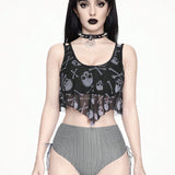 ROMWE Goth Conjunto de Tankini para mujer con chaleco de impresion de craneo oscuro y braguitas triangulares a rayas