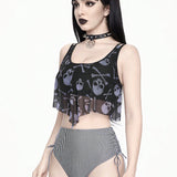 ROMWE Goth Conjunto de Tankini para mujer con chaleco de impresion de craneo oscuro y braguitas triangulares a rayas
