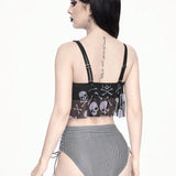 ROMWE Goth Conjunto de Tankini para mujer con chaleco de impresion de craneo oscuro y braguitas triangulares a rayas