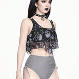 ROMWE Goth Conjunto de Tankini para mujer con chaleco de impresion de craneo oscuro y braguitas triangulares a rayas