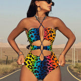 Swim Event Traje de bano de una sola pieza con cuello halter y estampado de leopardo y gradiente de huecos, para mujeres en verano en la playa