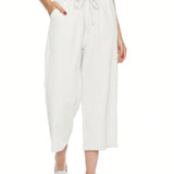 Pantalones holgados casuales de lino para mujer de cintura alta con pierna ancha y cordon con bolsillos