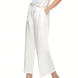 Pantalones holgados casuales de lino para mujer de cintura alta con pierna ancha y cordon con bolsillos