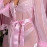 1 pieza Vestido de lenceria trasparente sexy con encaje y lazo trasero para mujeres