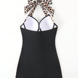 VCAY Traje de bano de una pieza para mujer con diseno de estampado de leopardo para playa de verano con diseno de espalda descubierta y fruncido (con acolchado y aro)