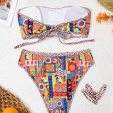 Swim Vcay Conjunto Bikini de talla grande con estampado floral, ropa de playa de verano, incluye sujetador de bikini sin tirantes y Bottom para piscinas