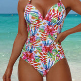 Swim Lushore Traje de bano de una sola pieza con pliegues y estampado de plantas tropicales y tirantes impresos para playa de verano