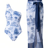 Swim Chicsea Conjunto de traje de bano de una pieza con cuello asimetrico y diseno impreso para el verano en la playa con falda anudada para vacaciones
