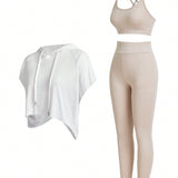 Conjunto de 3 piezas de Chaleco corto con capucha suelta blanco + Top de tanque ajustado beige + Pantalones ajustados beige