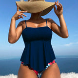 Swim Conjunto de traje de bano Tankini con camisola de unicolor para playa de verano y pantalon triangular estampado con plantas tropicales para mujeres