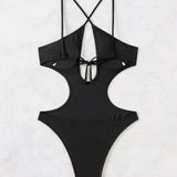 Swim Traje de bano de una pieza sexy para verano en unicolor con espalda hueca y tiras cruzadas