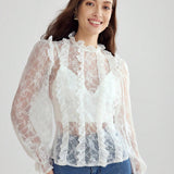 Enchnt Camisa de encaje transparente con unicolor elegante para mujer, primavera/verano