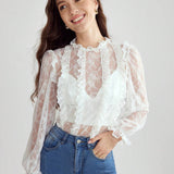 Enchnt Camisa de encaje transparente con unicolor elegante para mujer, primavera/verano