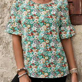 EMERY ROSE Camisa de mujer de cuello redondo con flores de tamano pequeno, casual rural, ideal para vacaciones en el campo, manga acampanada