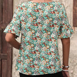 EMERY ROSE Camisa de mujer de cuello redondo con flores de tamano pequeno, casual rural, ideal para vacaciones en el campo, manga acampanada