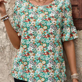 EMERY ROSE Camisa de mujer de cuello redondo con flores de tamano pequeno, casual rural, ideal para vacaciones en el campo, manga acampanada