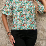 EMERY ROSE Camisa de mujer de cuello redondo con flores de tamano pequeno, casual rural, ideal para vacaciones en el campo, manga acampanada